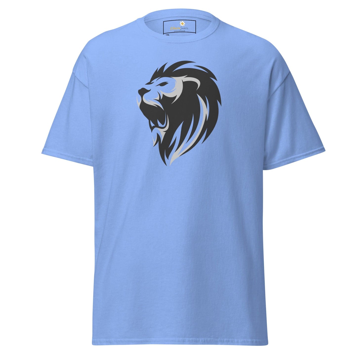 Light blue t-shirt featuring a bold lion graphic for men and women in sizes 2XL to 5XL