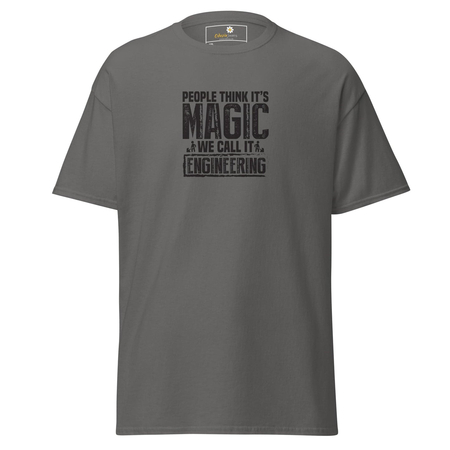 Gray t-shirt with ’People think it’s magic, we call it engineering’ text.