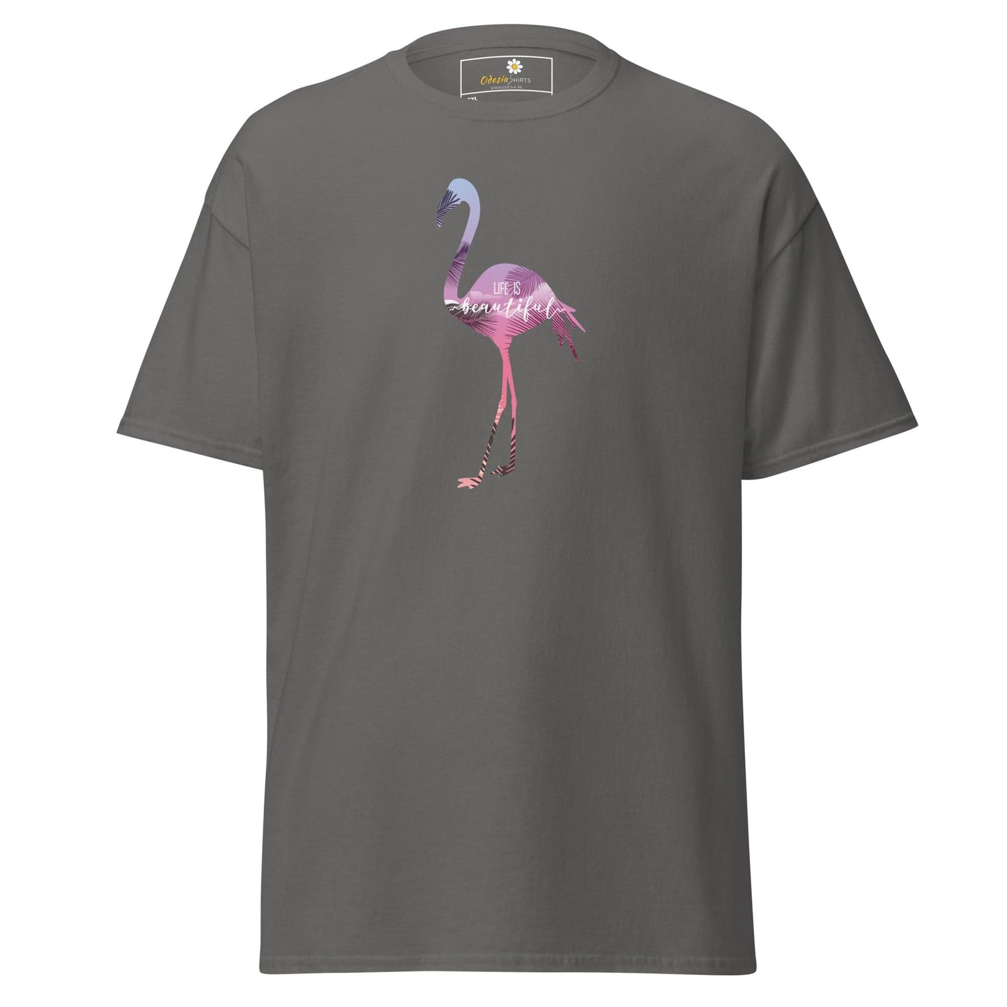 Gray T-shirt with flamingo design for Men and Women in 2XL to 5XL sizes