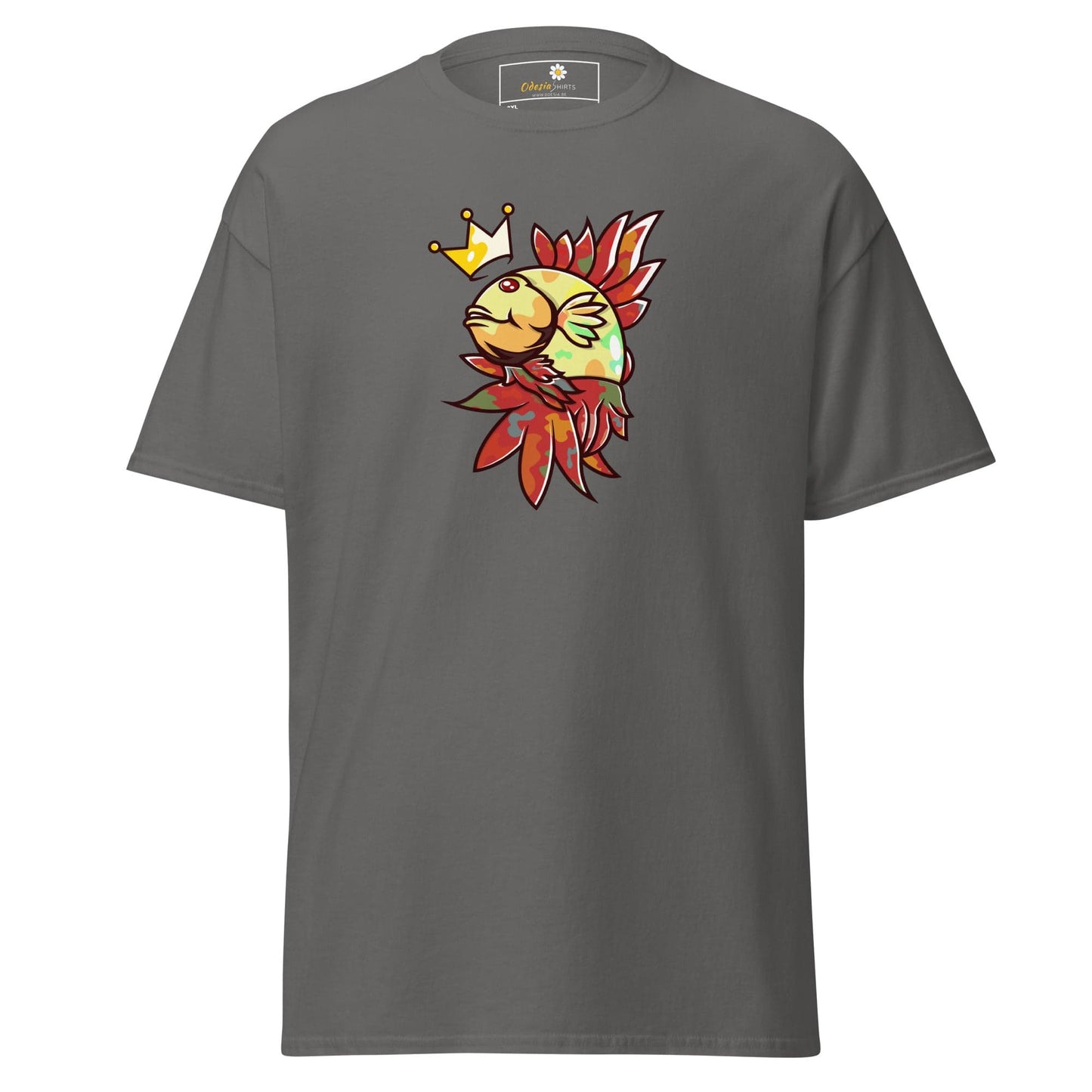 Gray T-shirt featuring a fish design for men and women in sizes 2XL to 5XL