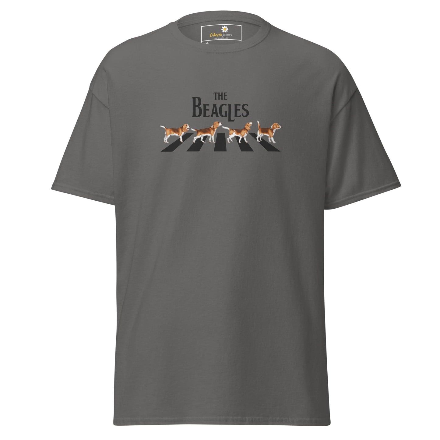 Gray t-shirt with ’The Beagles’ graphic.