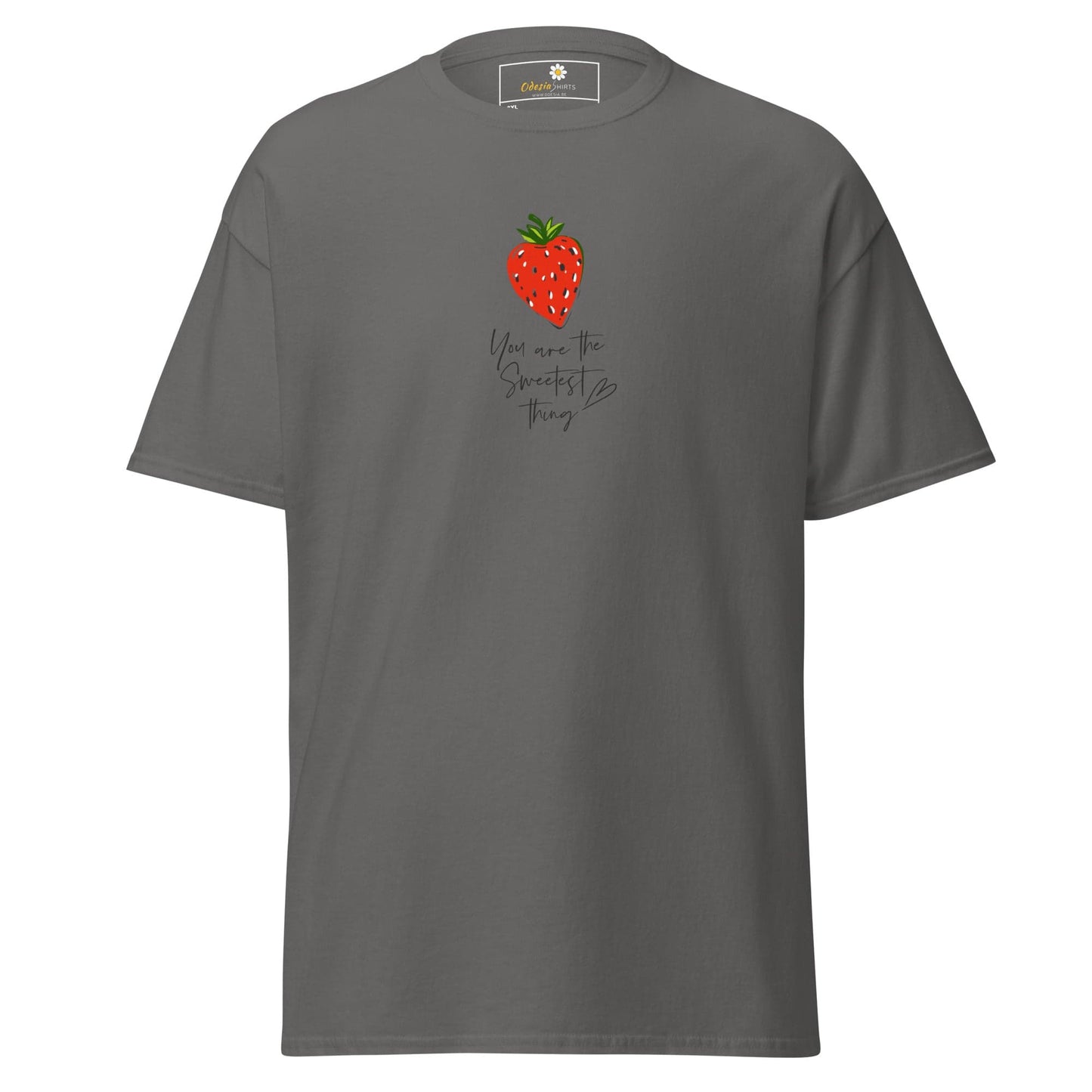 Gray t-shirt with strawberry design.