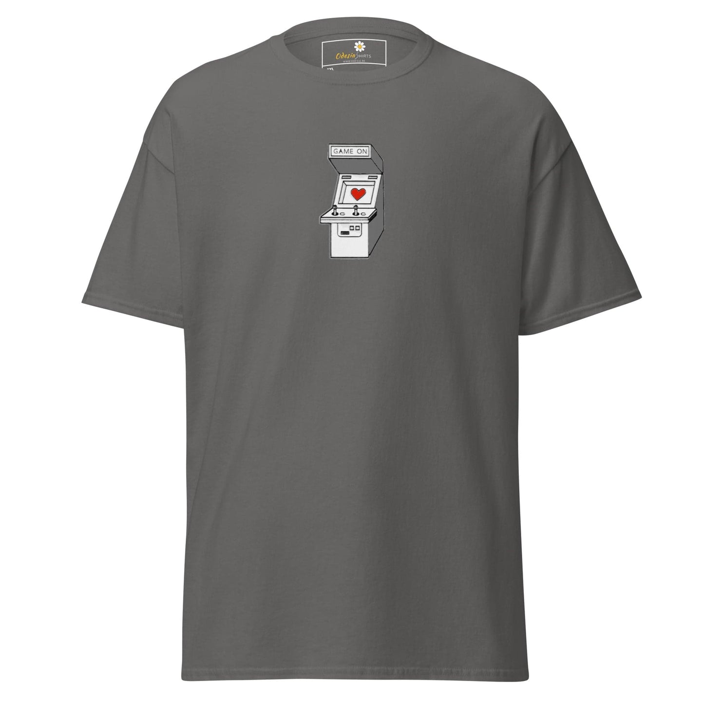 Gray T-shirt with arcade game graphic for men and women, available in 2XL to 5XL sizes