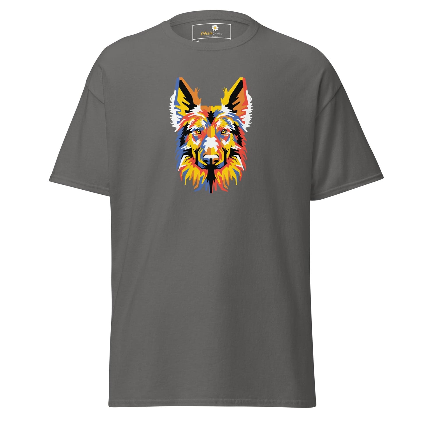 Gray T-shirt with a colorful dog graphic from T-SHIRT DESIGN TEE for Men and Women