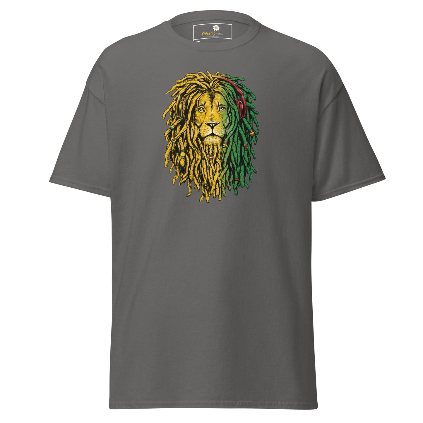 Gray t-shirt with lion graphic.
