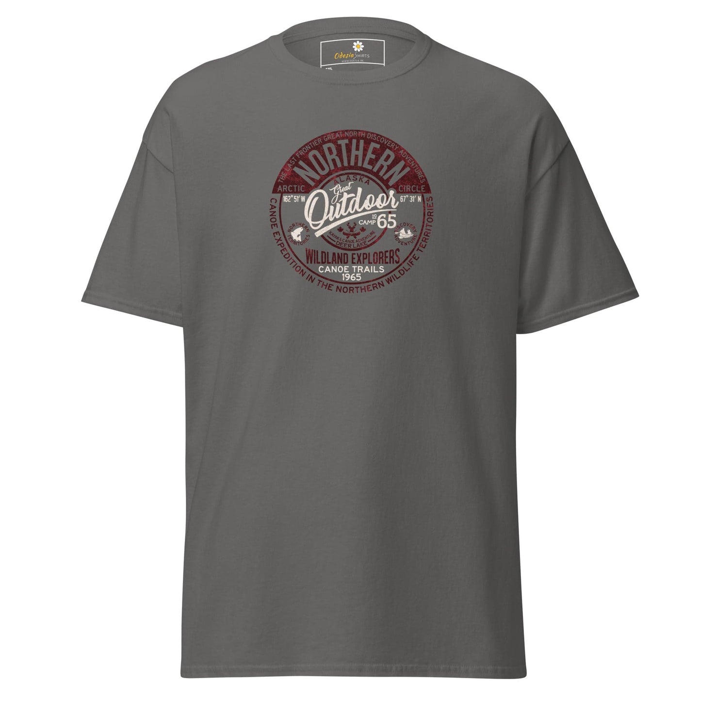 Gray t-shirt with circular graphic.