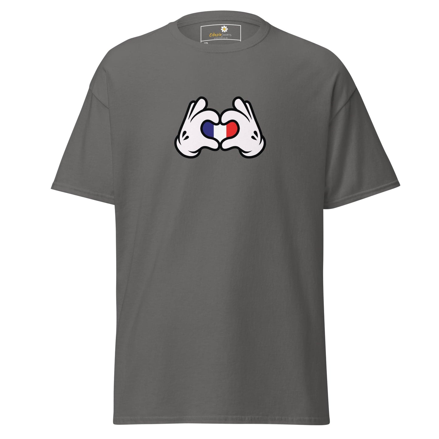 Gray t-shirt with heart-shaped hands.