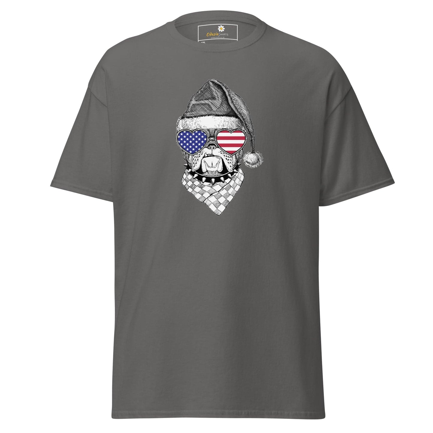 Gray t-shirt with dog wearing Santa hat and American flag sunglasses for men and women