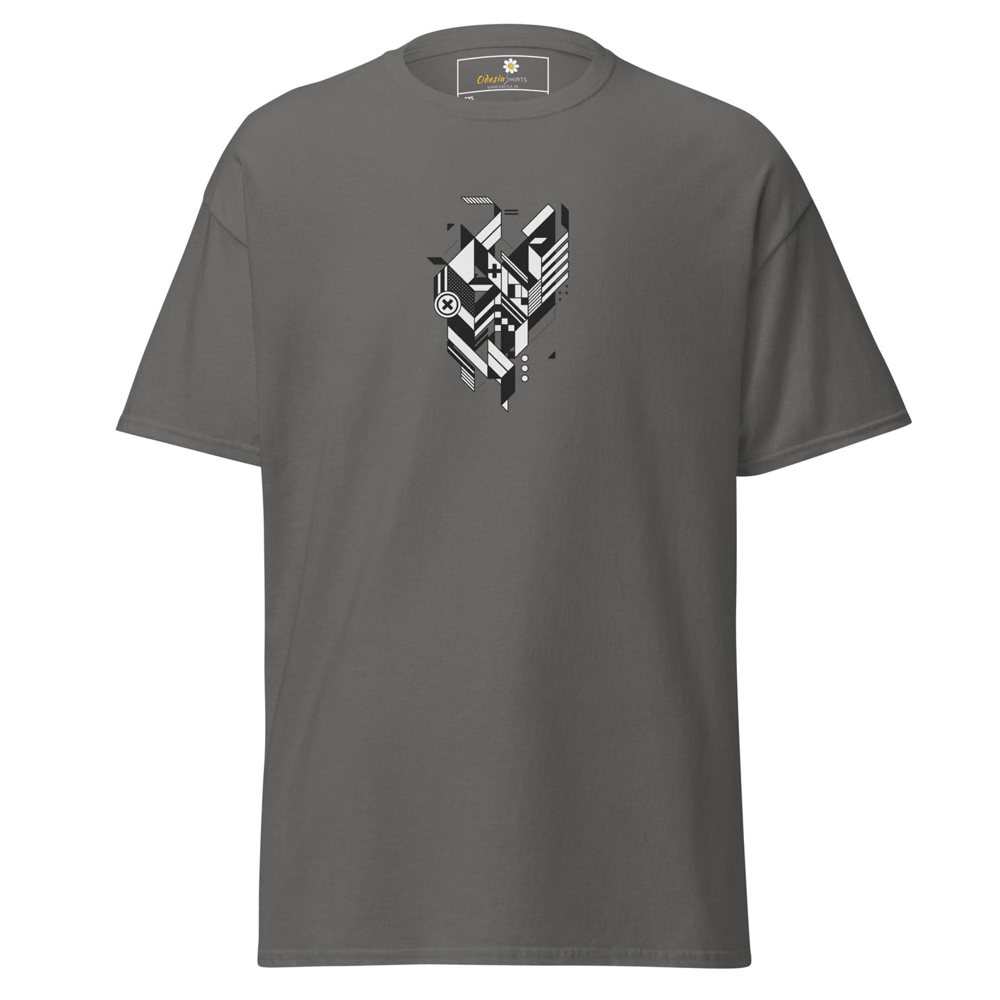 Gray t-shirt with geometric design.