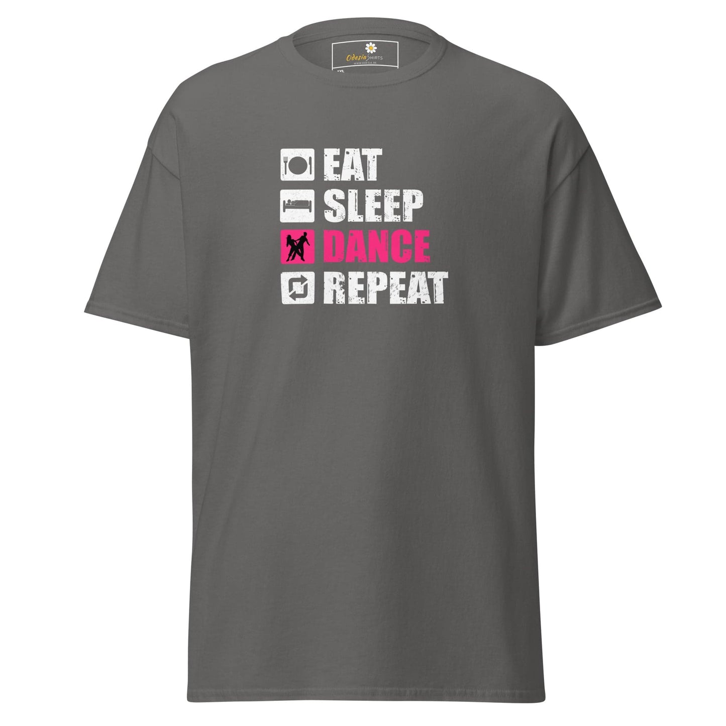 Gray t-shirt with ’Eat Sleep Dance Repeat’ graphic.