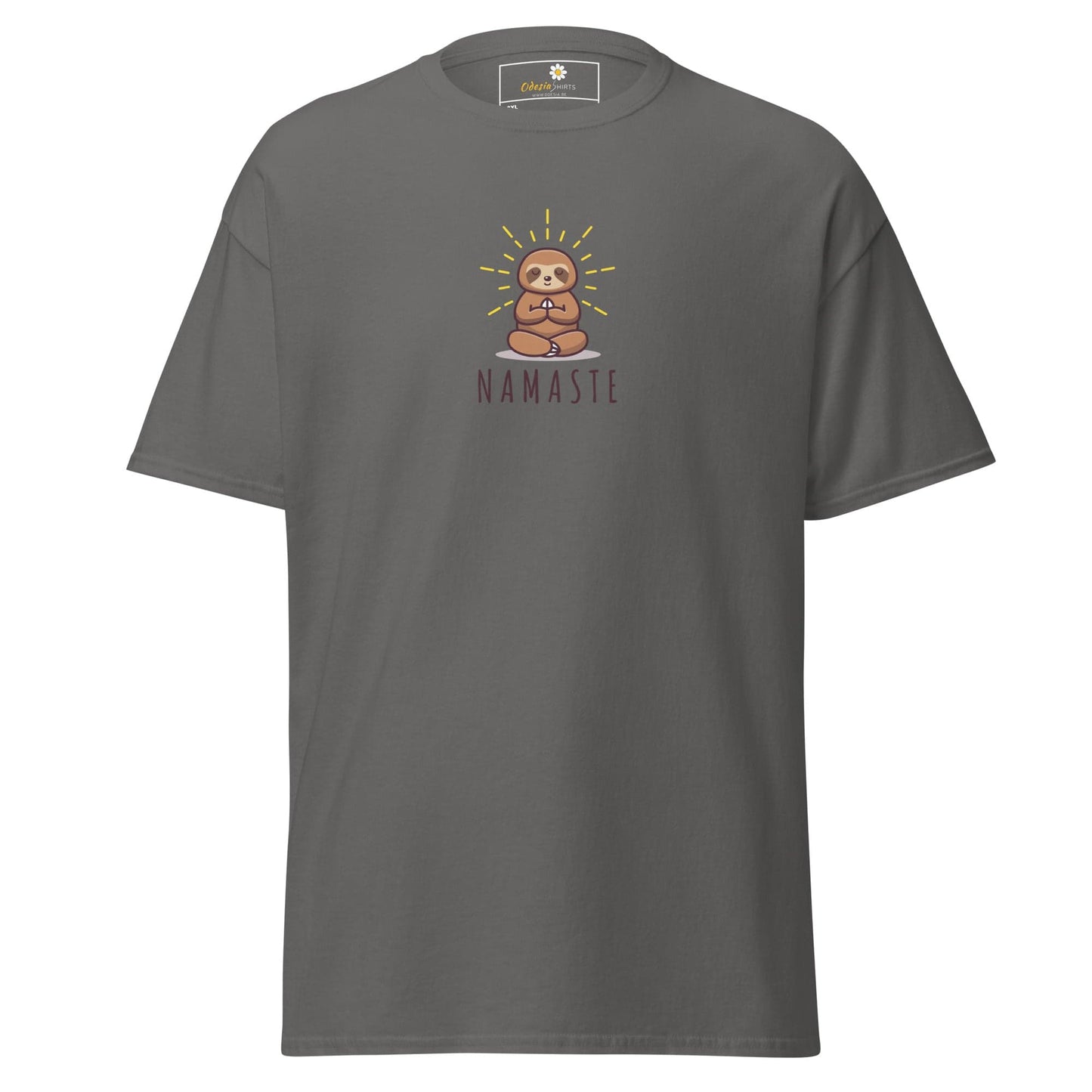 Gray t-shirt with sloth design.