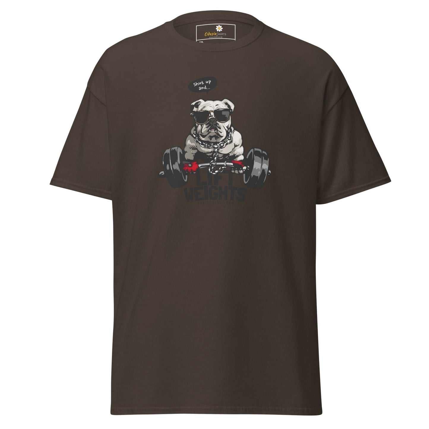 Brown t-shirt with bulldog weightlifter graphic.