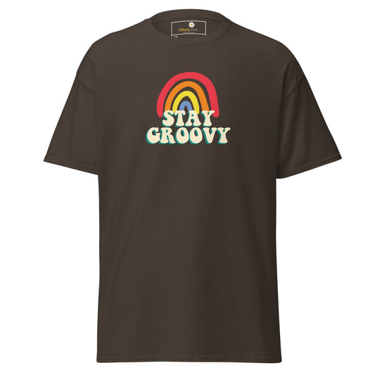 Brown t-shirt with rainbow and ’Stay Groovy’ text.