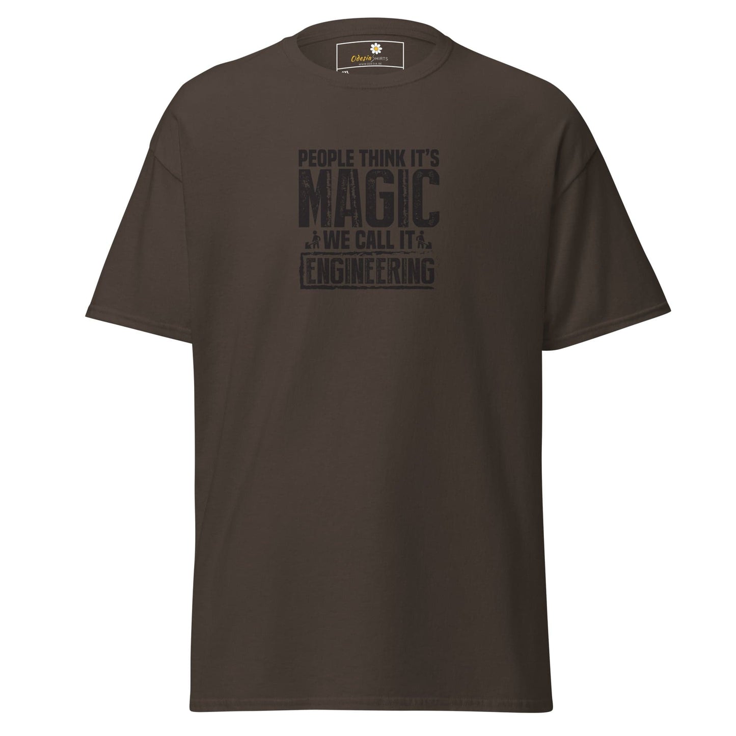 Brown t-shirt with text.