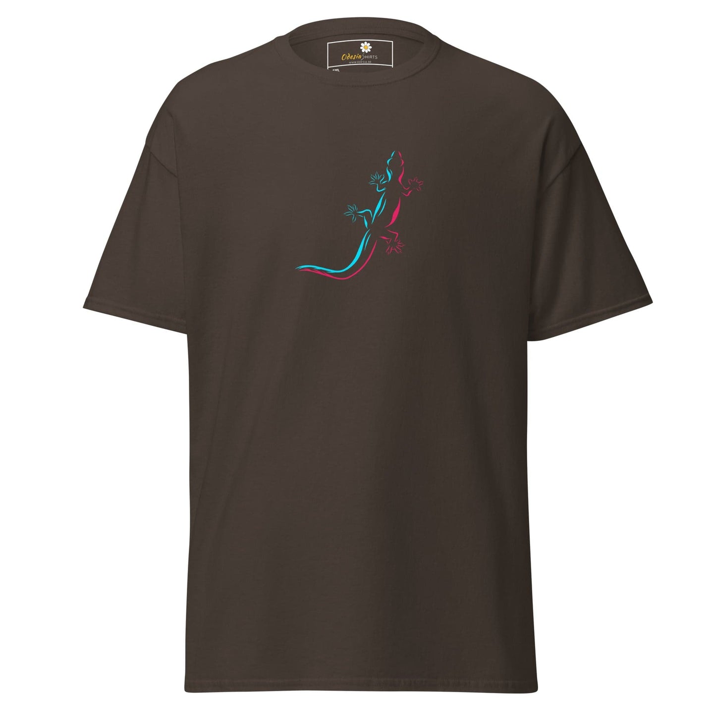 Brown t-shirt with lizard design.