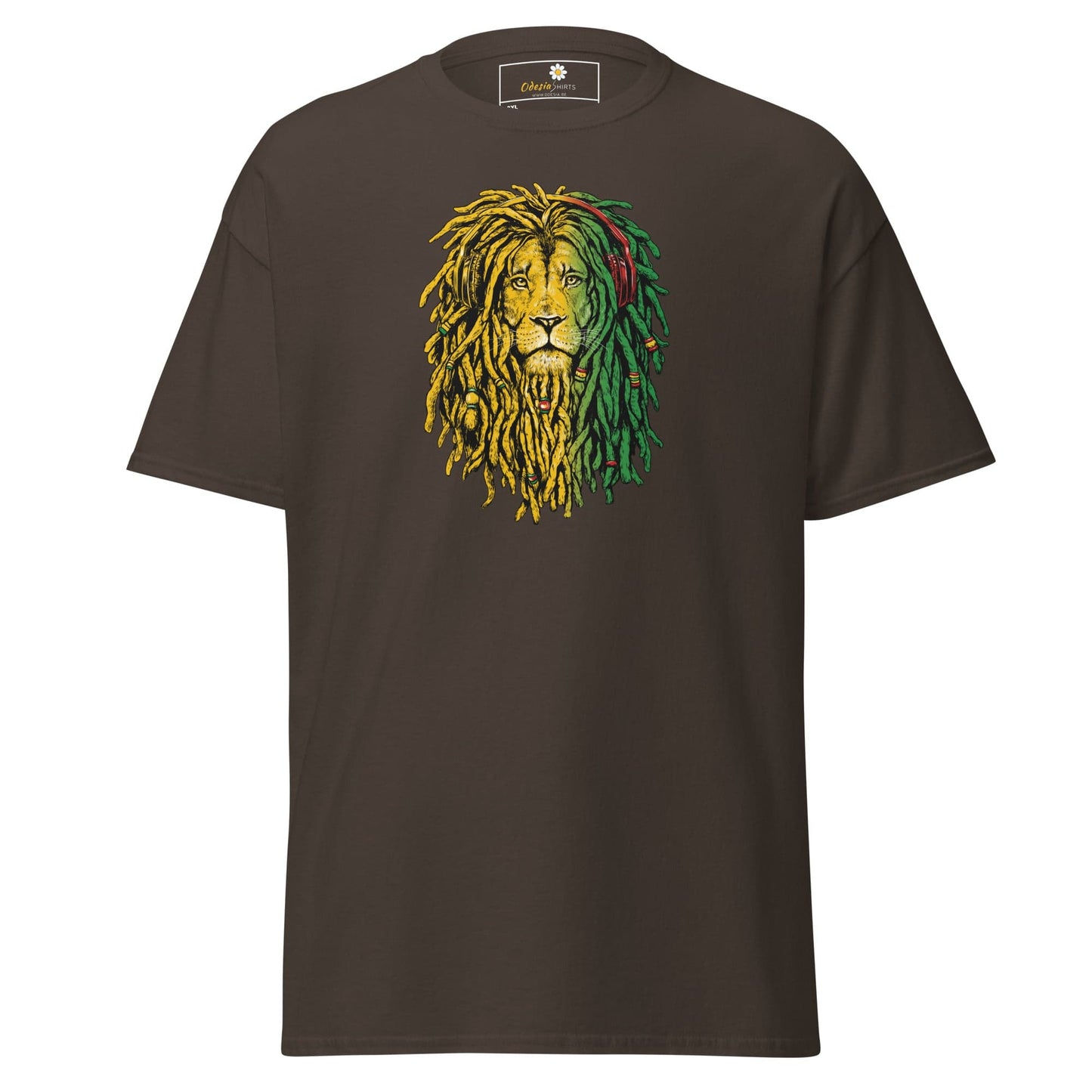 Brown t-shirt with lion graphic.