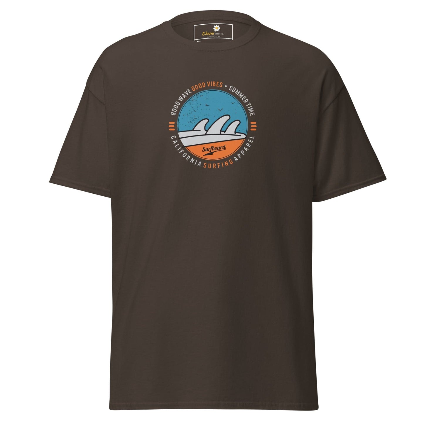 Brown t-shirt with surfing graphic.