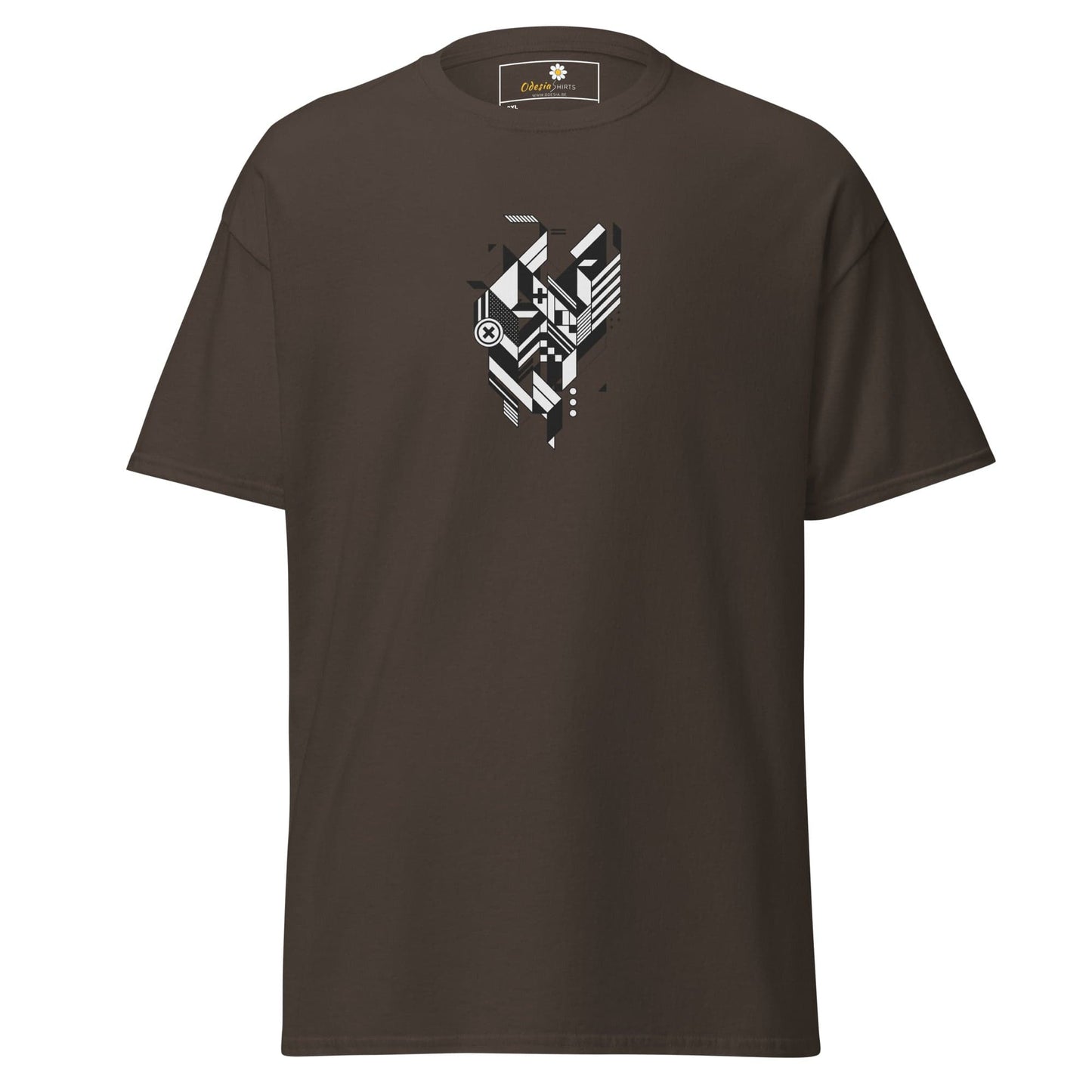 Brown t-shirt with geometric design.
