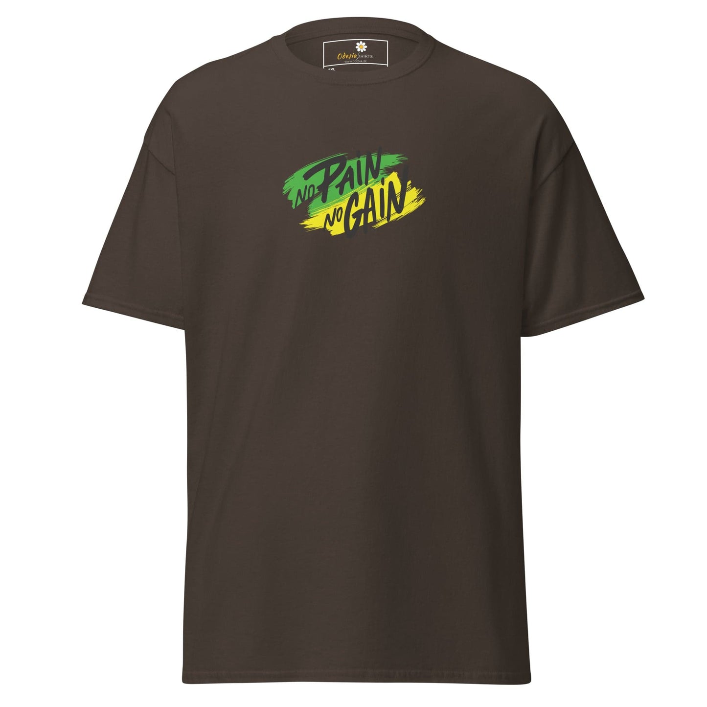 Brown T-shirt with No Pain No Gain graphic, available in 2XL to 5XL sizes for men and women