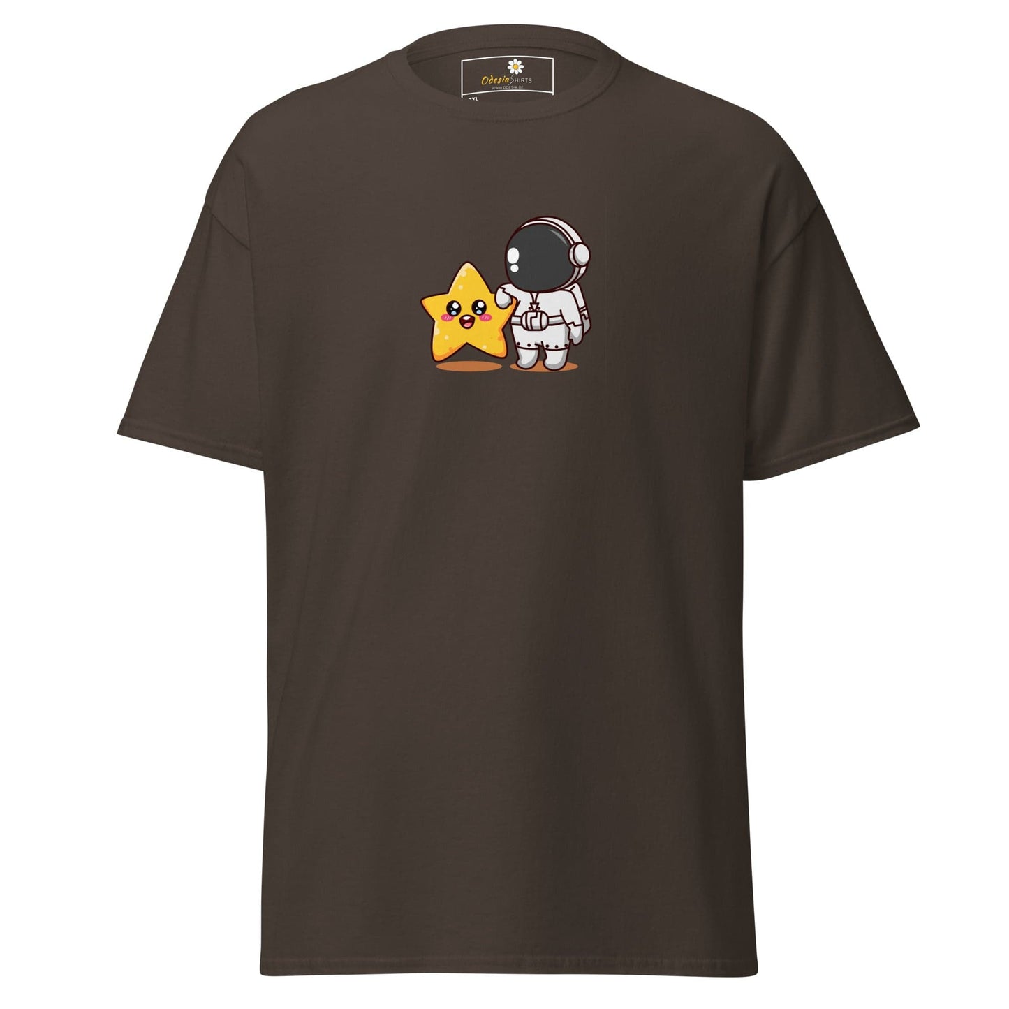 Brown t-shirt with astronaut and star graphic.