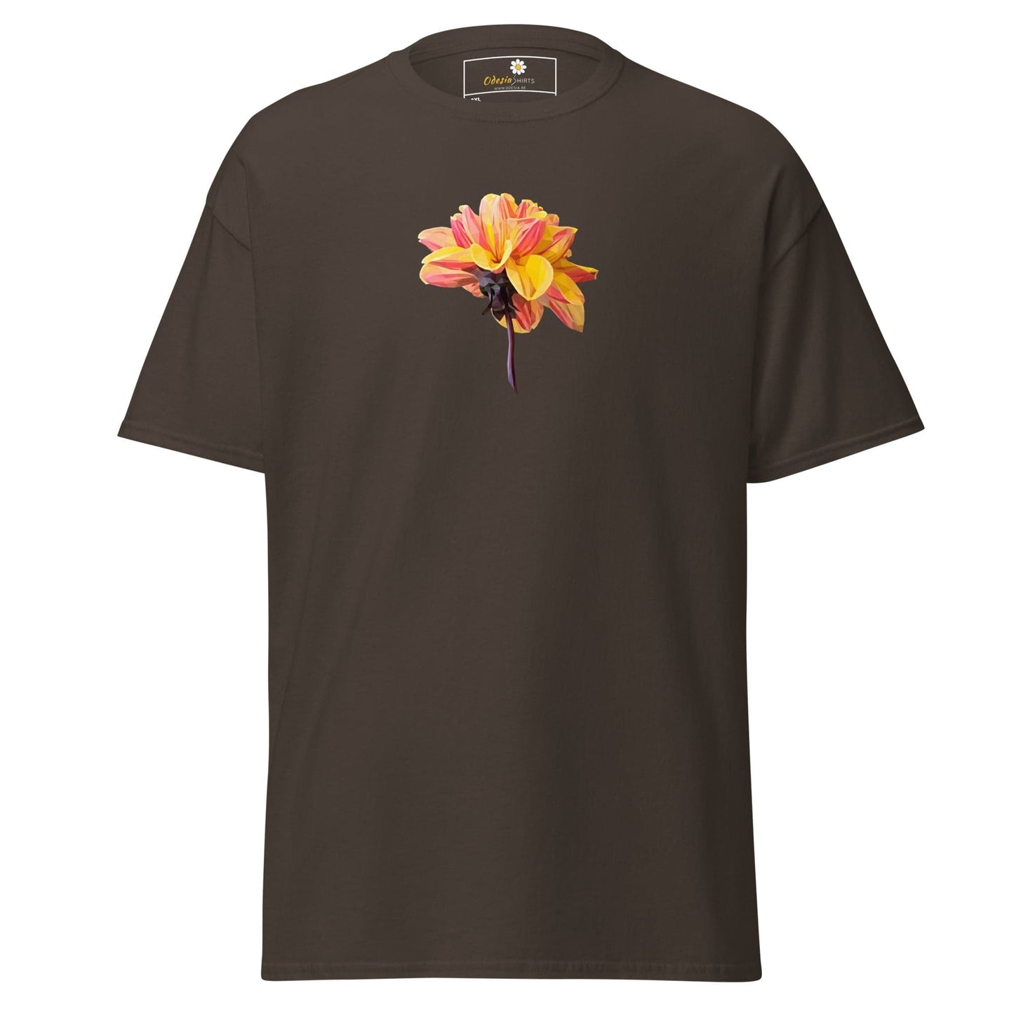 Brown t-shirt with flower graphic.