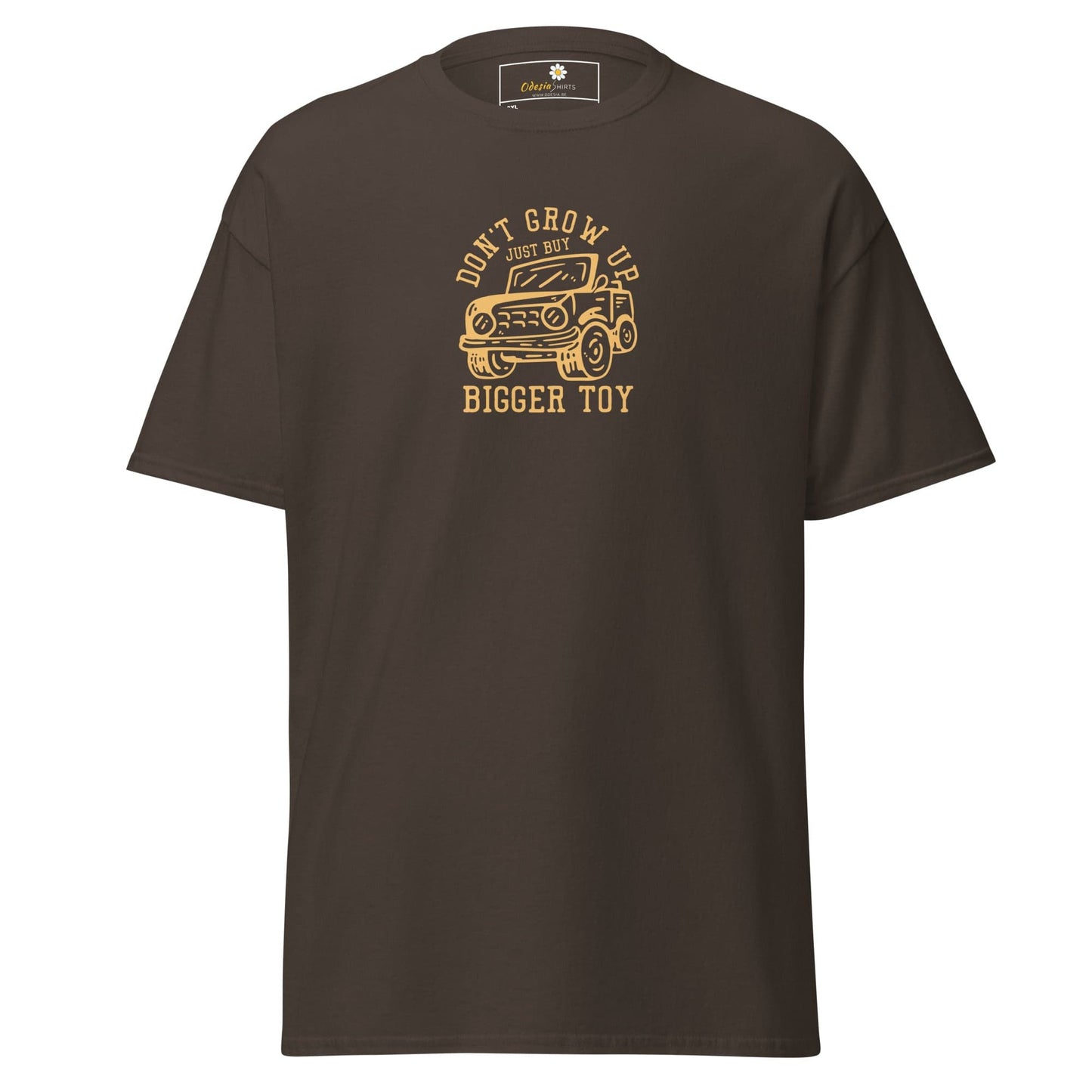 Brown t-shirt with car graphic.