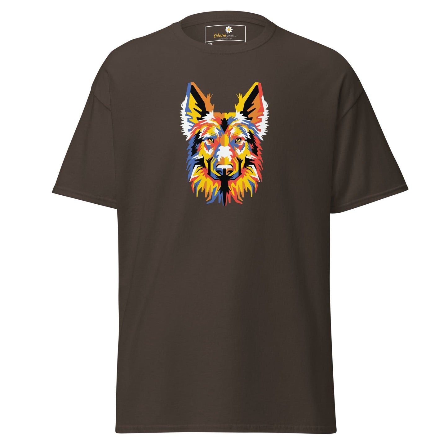 Brown T-shirt with colorful dog graphic for men and women in 2XL to 5XL sizes