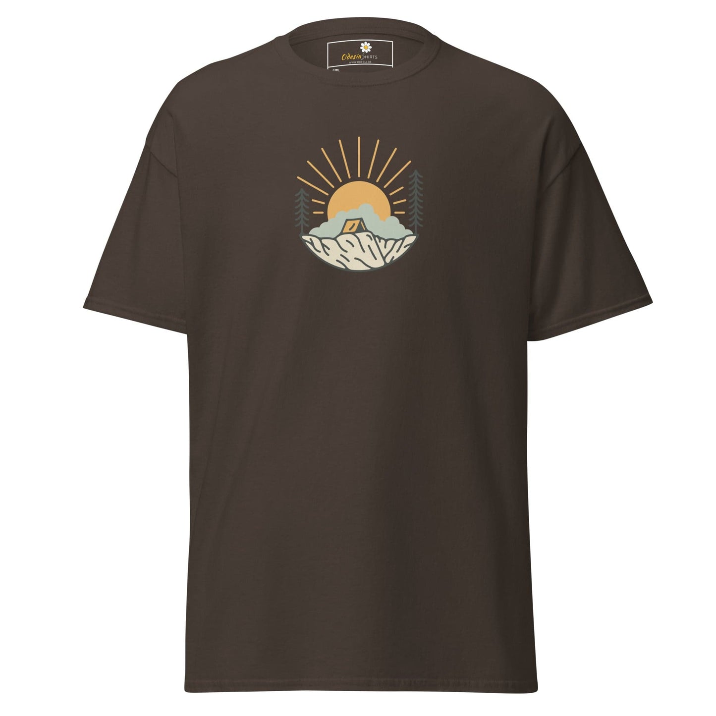 Brown t-shirt with camping graphic.