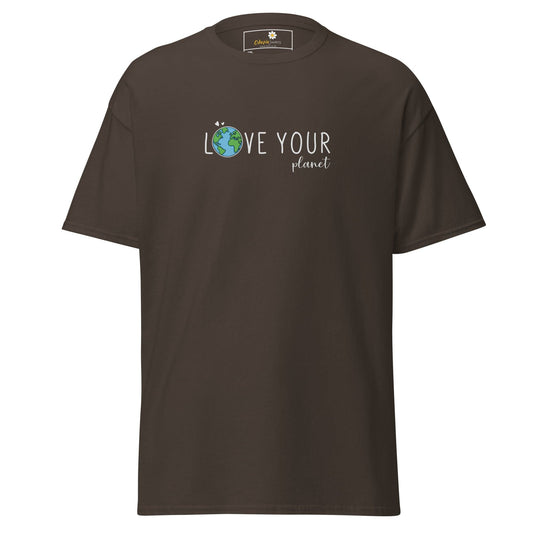 Brown t-shirt with ’Love Your Planet’ design.