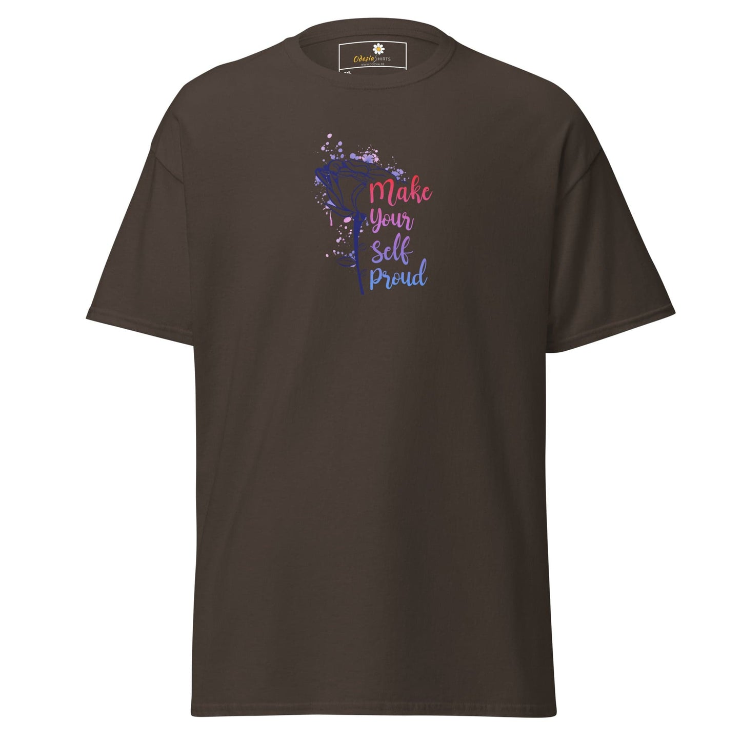 Brown T-shirt with colorful text for Men and Women in sizes 2XL to 5XL