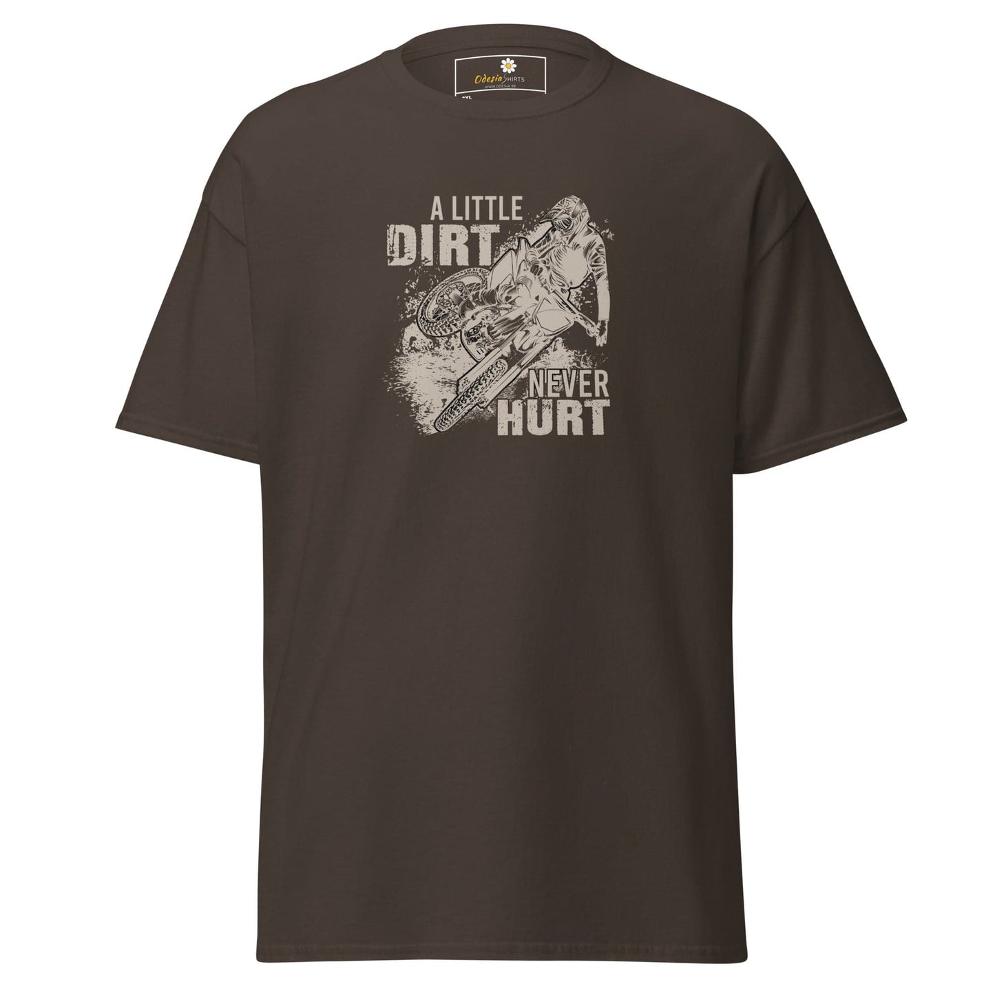 Brown t-shirt with motorcycle graphic.