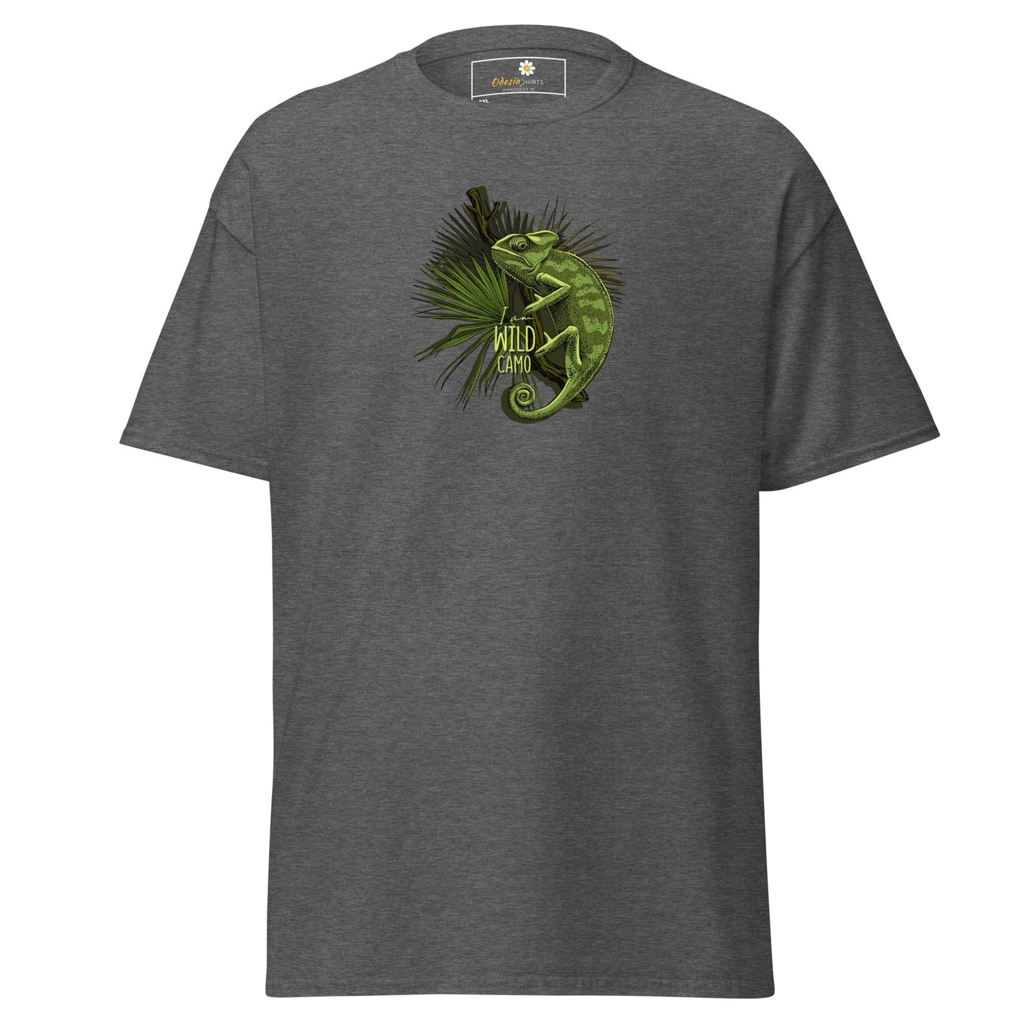 Gray t-shirt with chameleon graphic.
