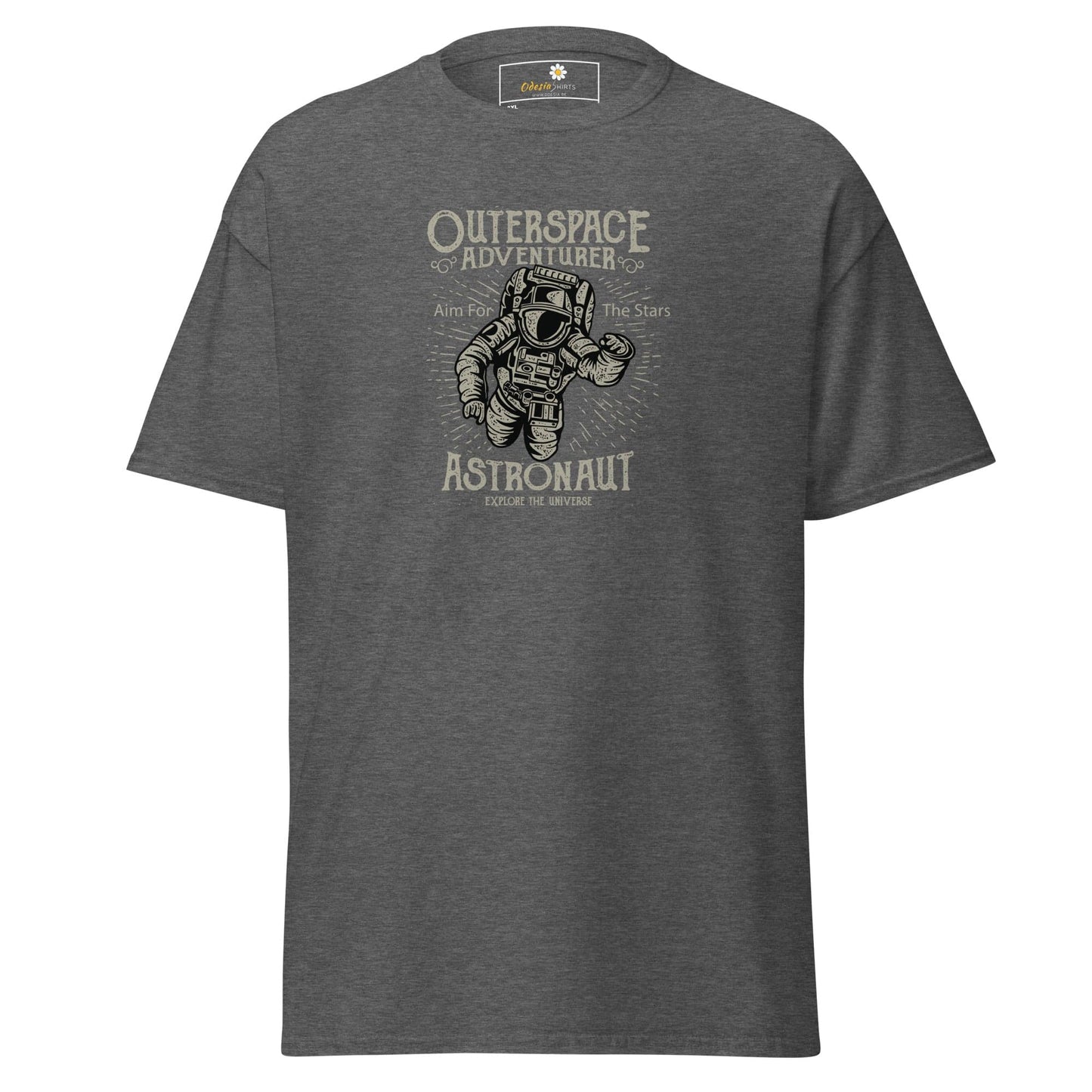 Gray t-shirt with astronaut graphic.