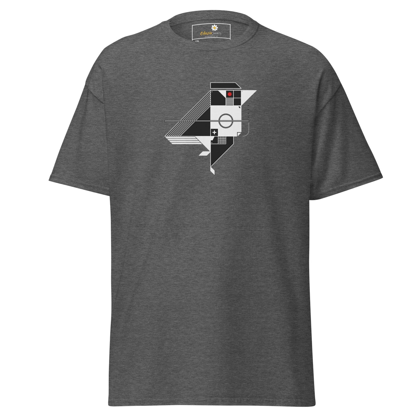 Gray t-shirt with geometric bird design.