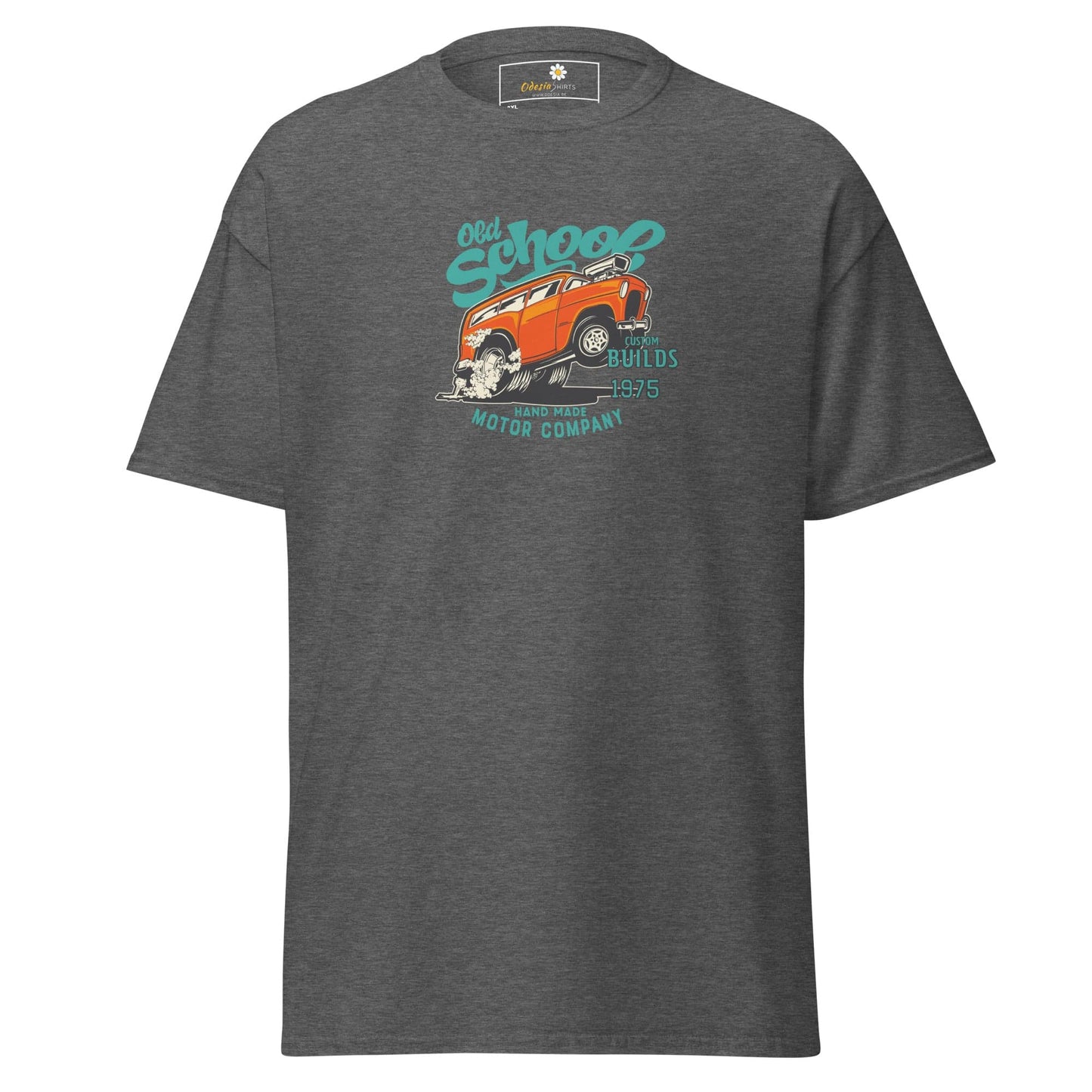 Gray t-shirt with car graphic.