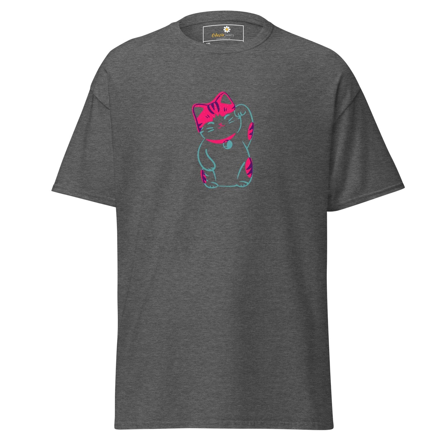 Gray T-shirt featuring a pink and teal cat design for Men and Women in 2XL to 5XL sizes