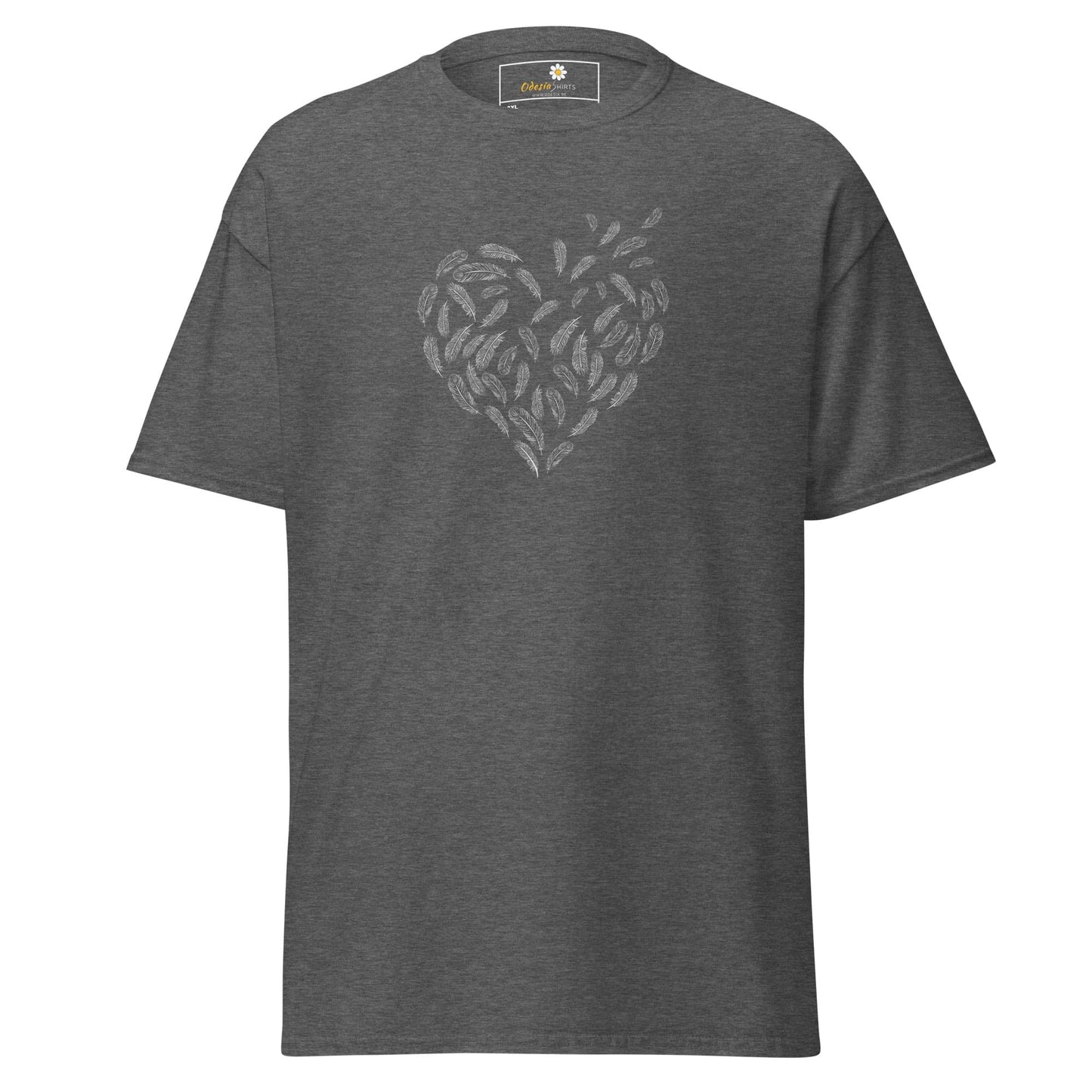 Gray T-shirt with feather heart design from T-SHIRT DESIGN TEE for Men and Women, 2XL to 5XL