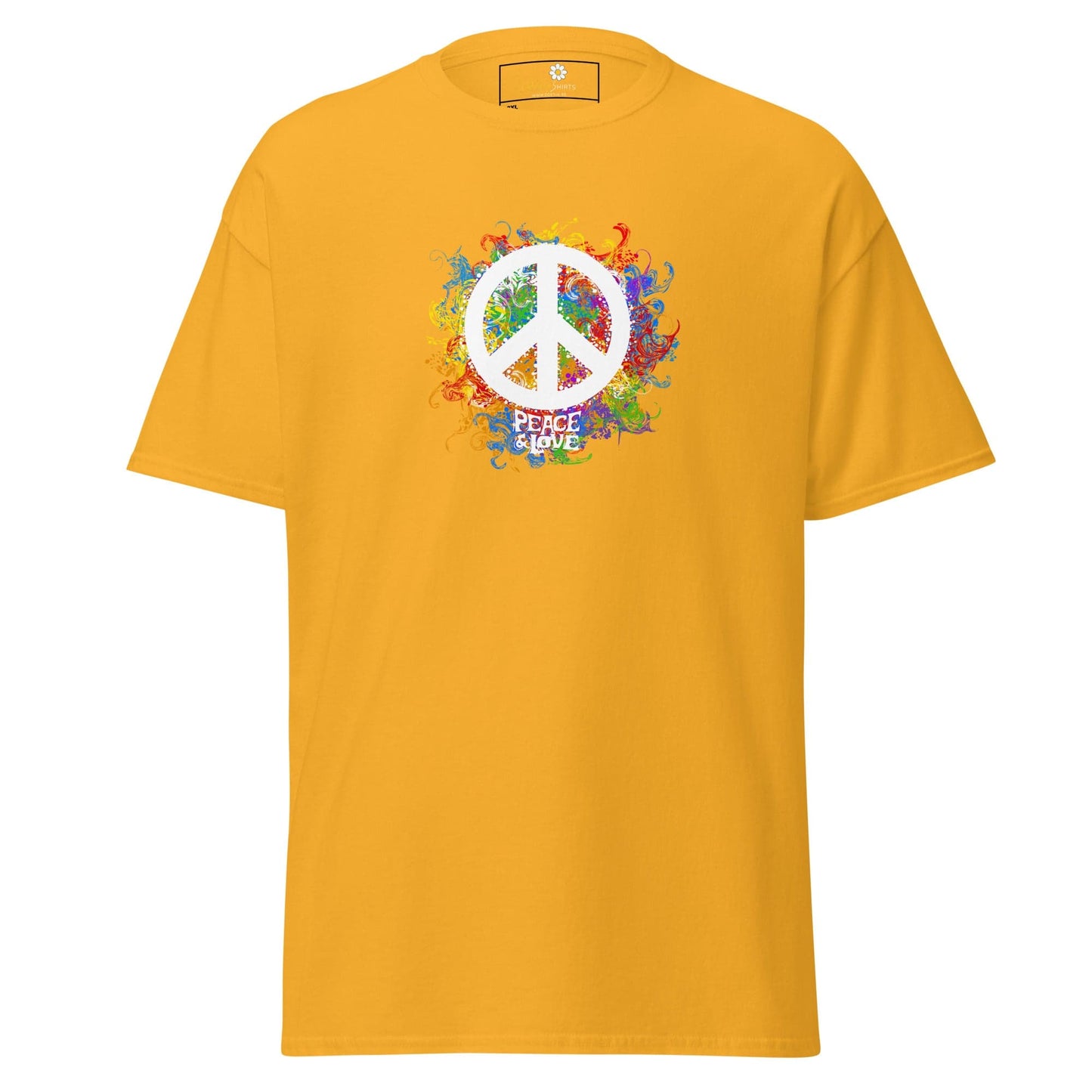 Yellow T-shirt with peace symbol, available in 2XL to 5XL for men and women