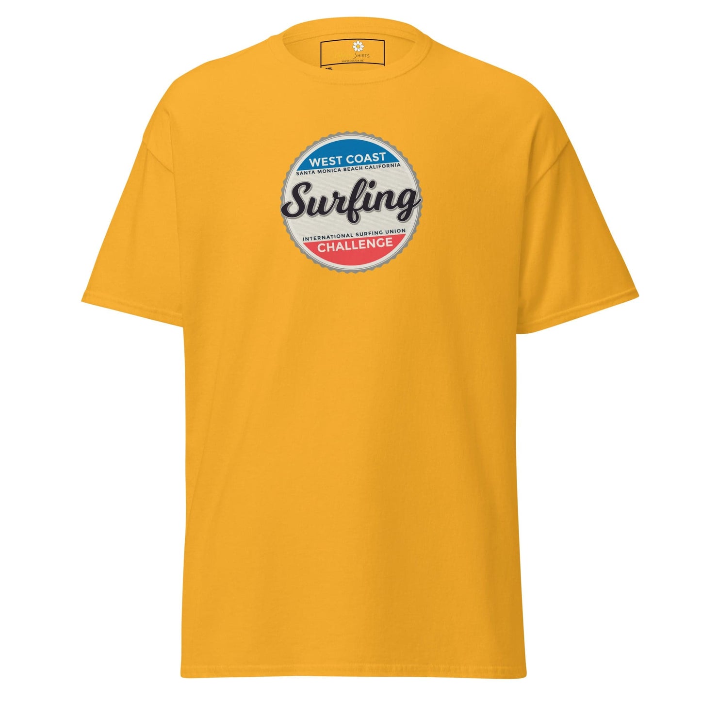 Yellow t-shirt with surfing graphic.
