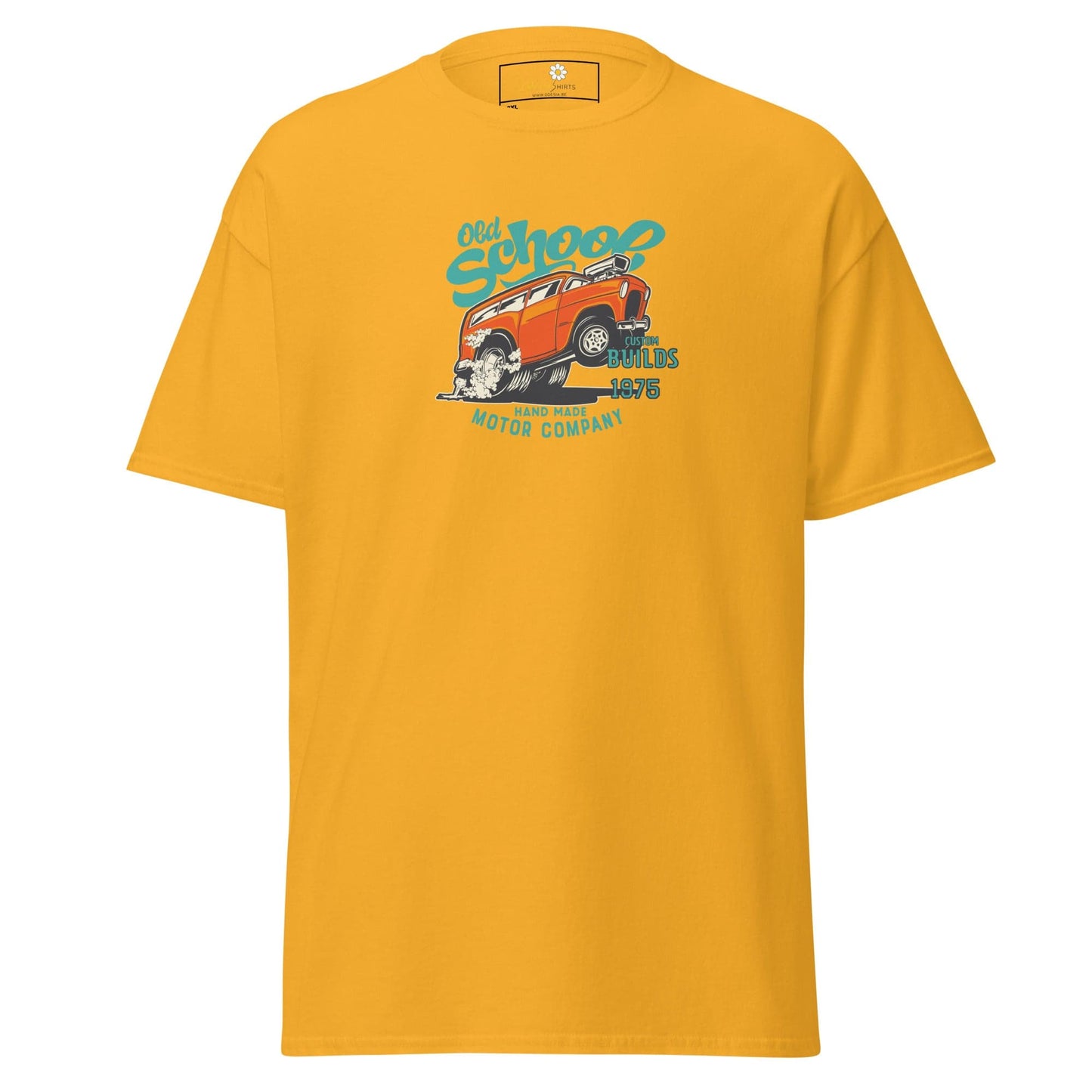 Yellow t-shirt with car graphic.