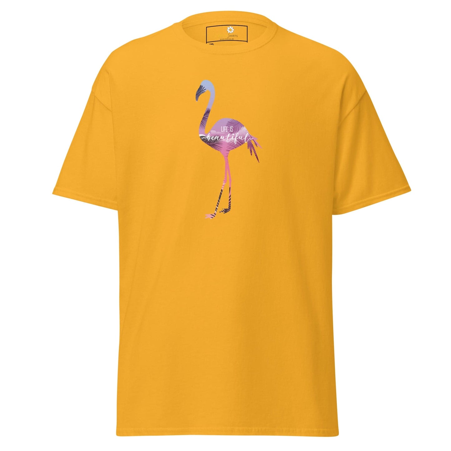 Yellow T-shirt with flamingo design for men and women in size 2XL to 5XL