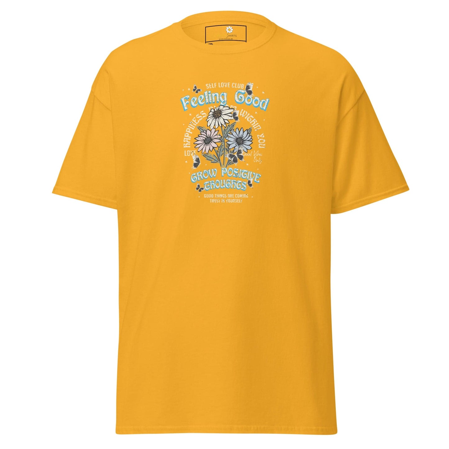 Yellow t-shirt with floral graphic.