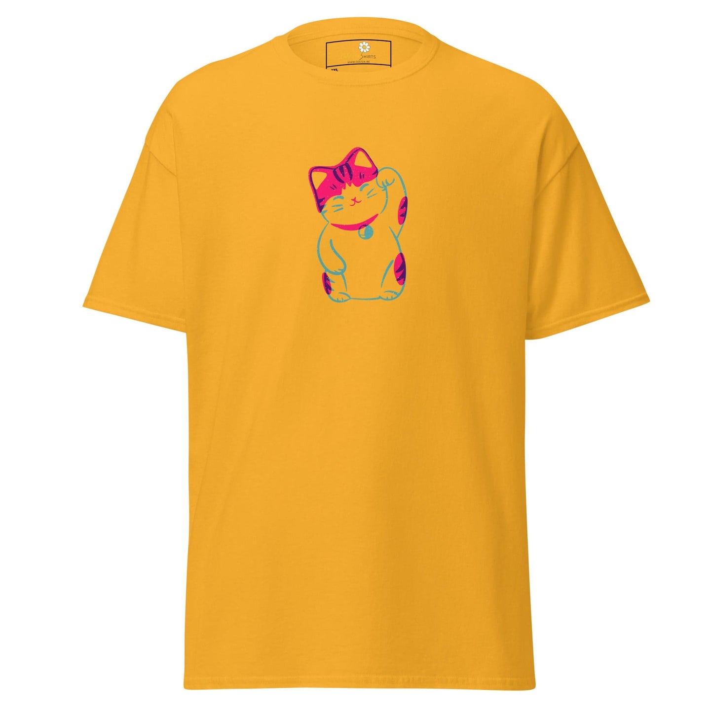 Yellow T-shirt with lucky cat design for men and women in plus sizes 2XL to 5XL