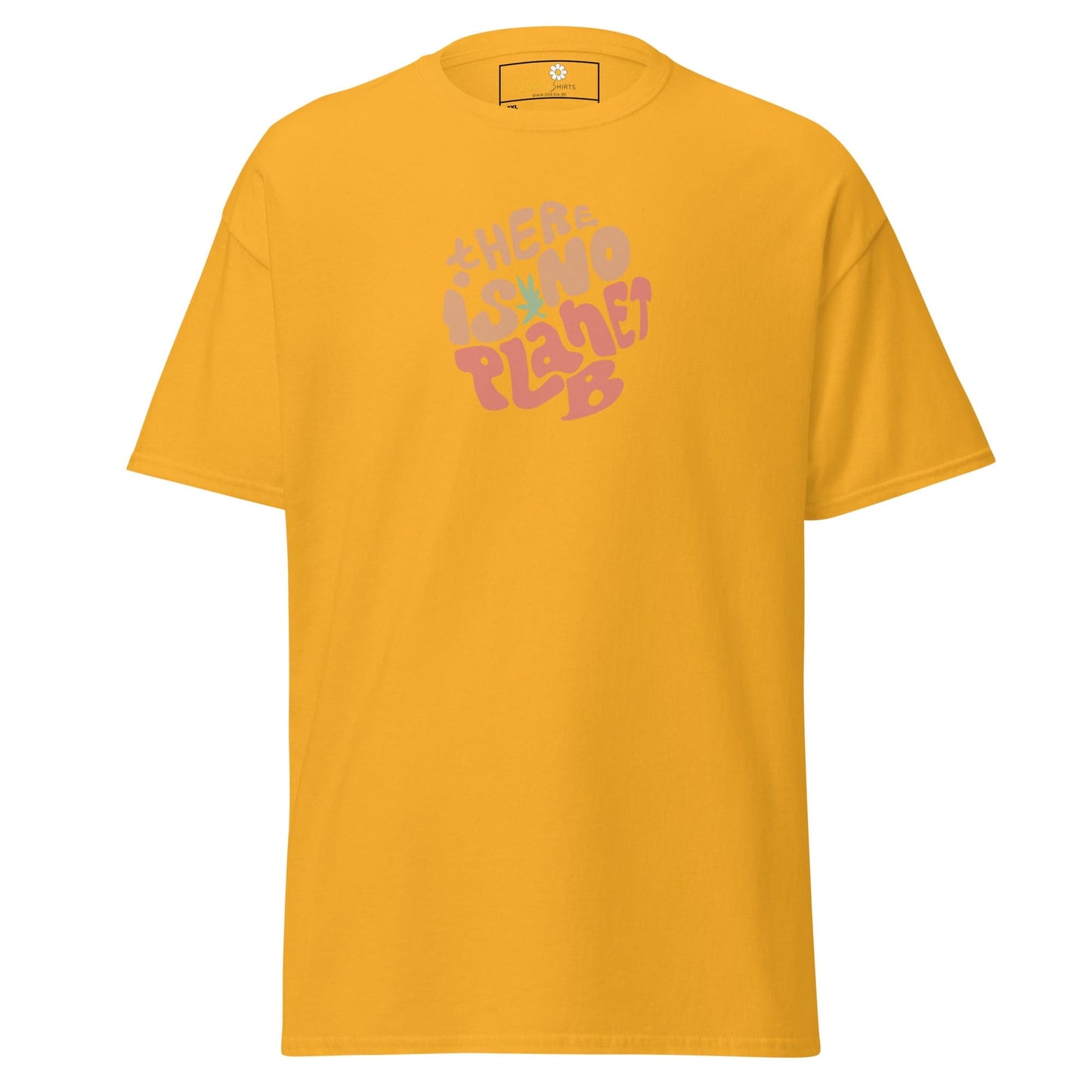 Mustard-colored t-shirt with graphic.