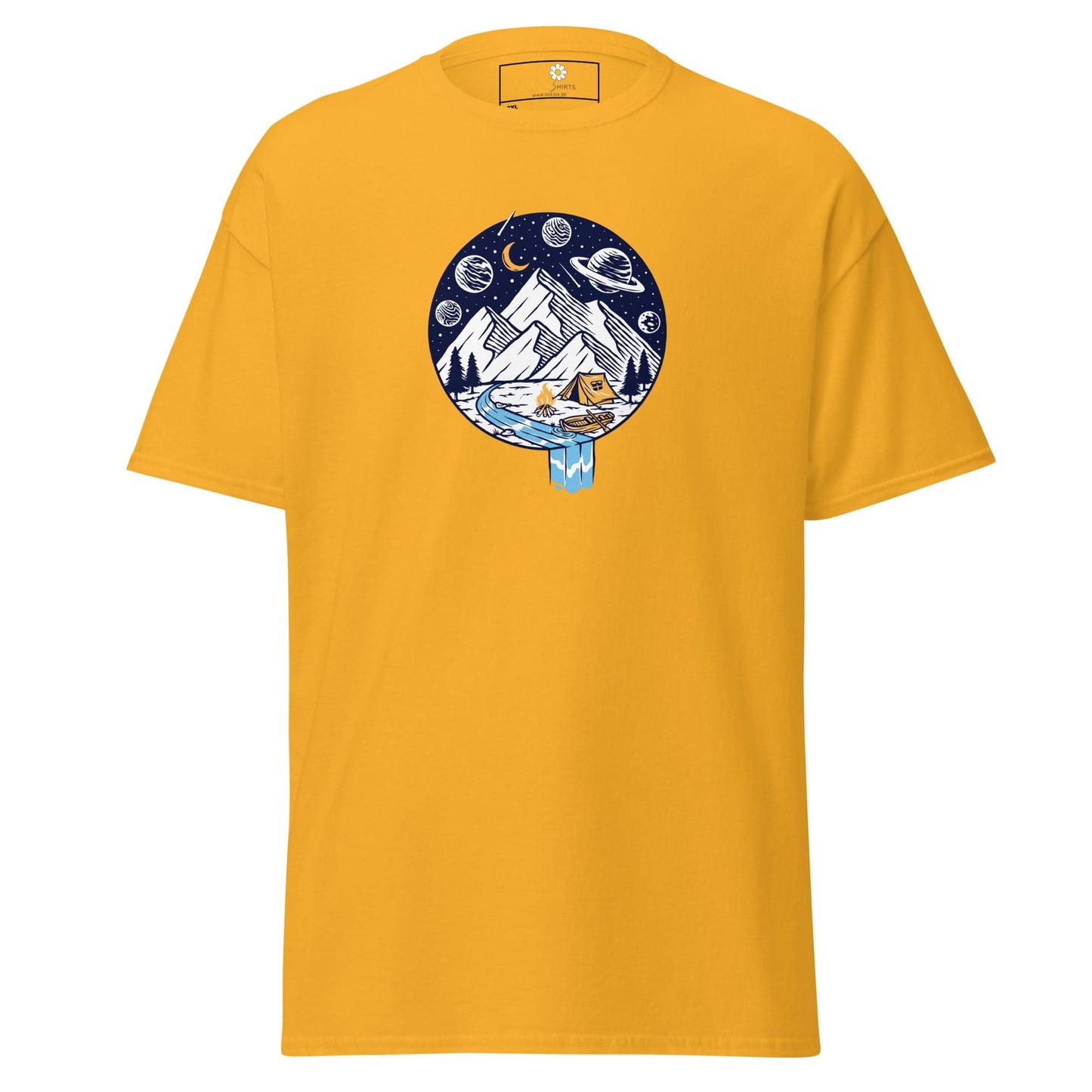Yellow t-shirt with camping graphic.