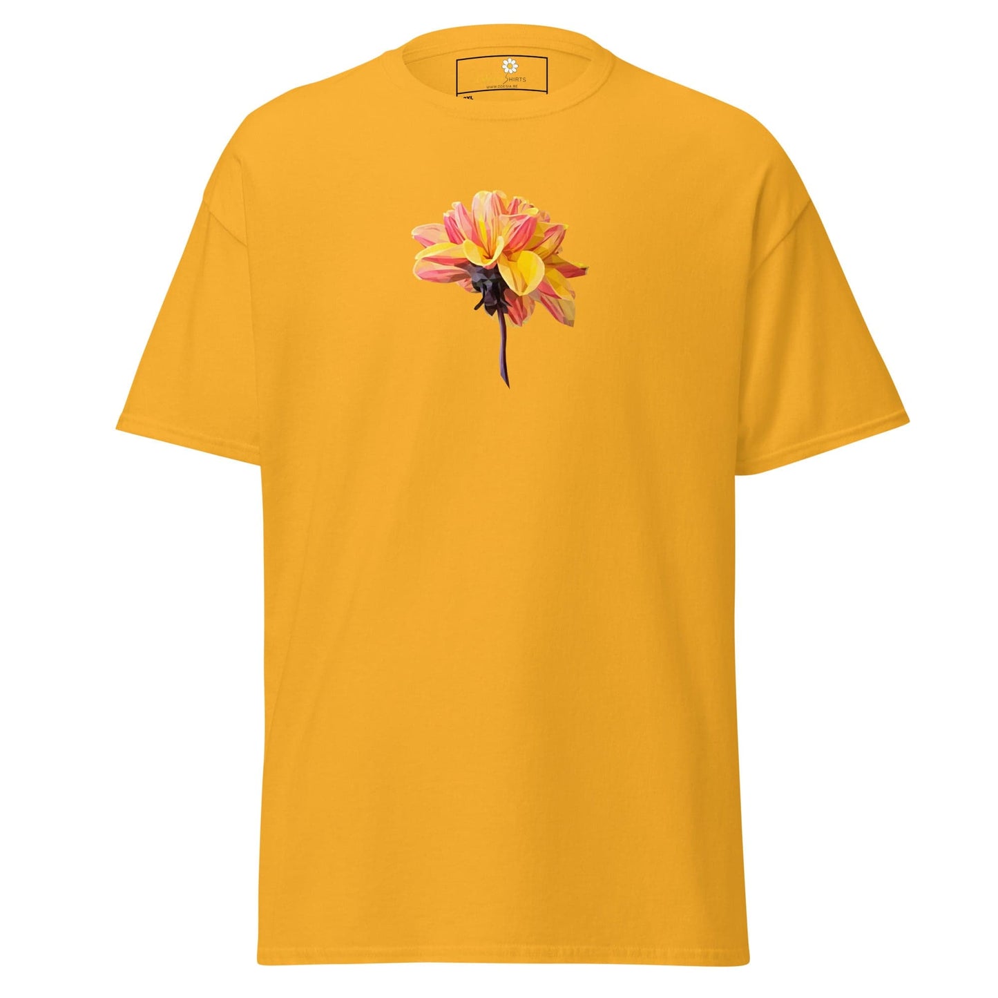 Yellow t-shirt with flower.