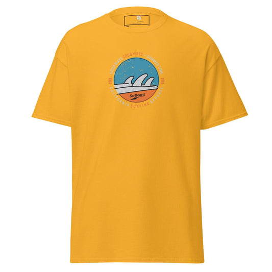 Yellow t-shirt with surf design.