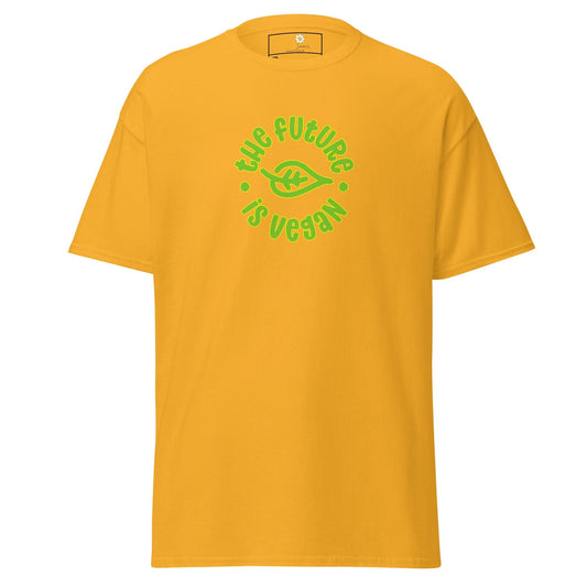 Yellow t-shirt with vegan slogan.