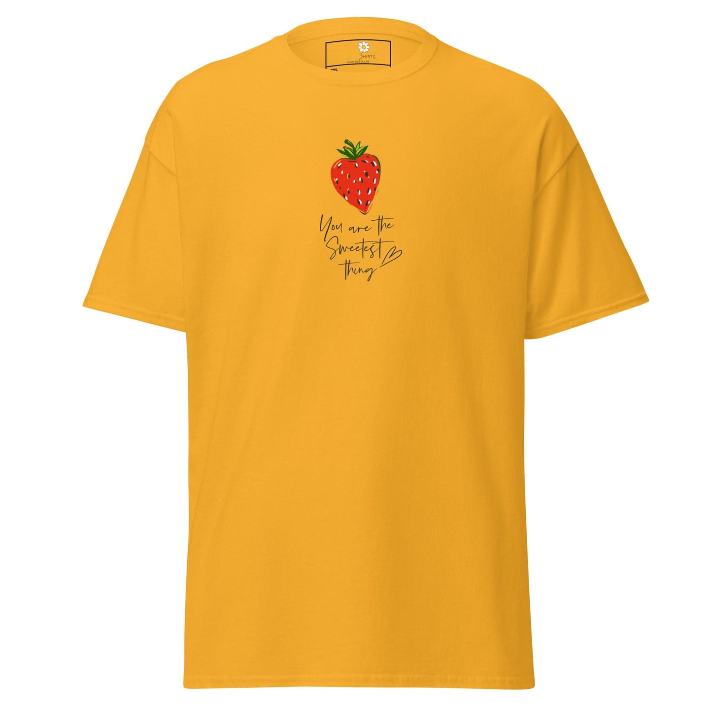 Yellow t-shirt with strawberry design.
