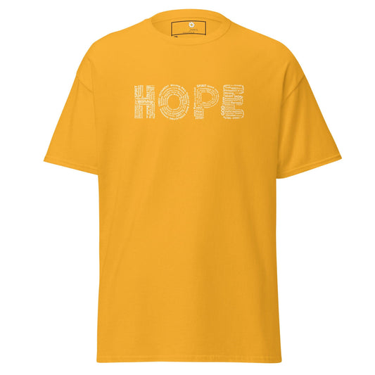Yellow t-shirt with ’HOPE’ text.